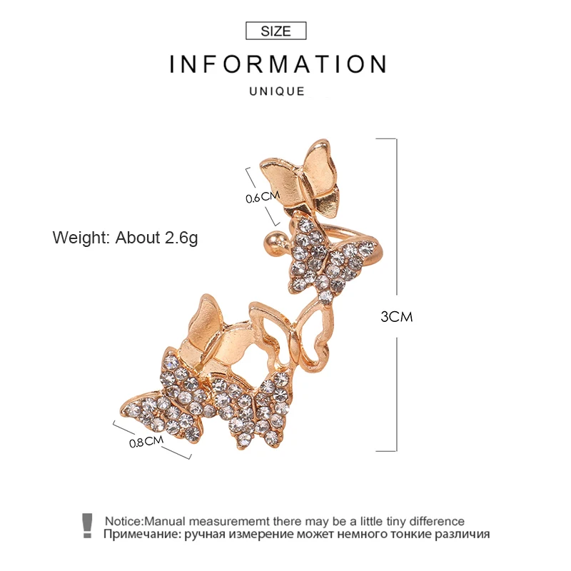 

Uilz Gold Color Cute Butterfly Ear Clip for Women Micro-set Rhinestones Summer Beach Travel Fashion Accessories