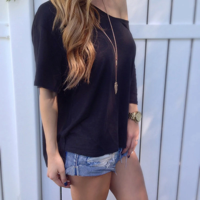

Femme Tees Shirt 2021 Summer Sexy One Shoulder Tops Women T Shirt Casual Half Sleeve Solid Color Loose Tops
