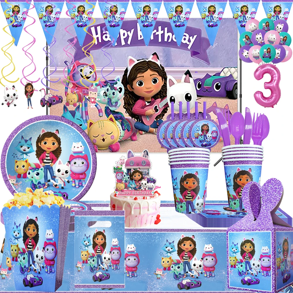 gabby dollhouse cats birthday decoration balloon disposable tableware backdrop for kids gabby doll house figures party supplies free global shipping