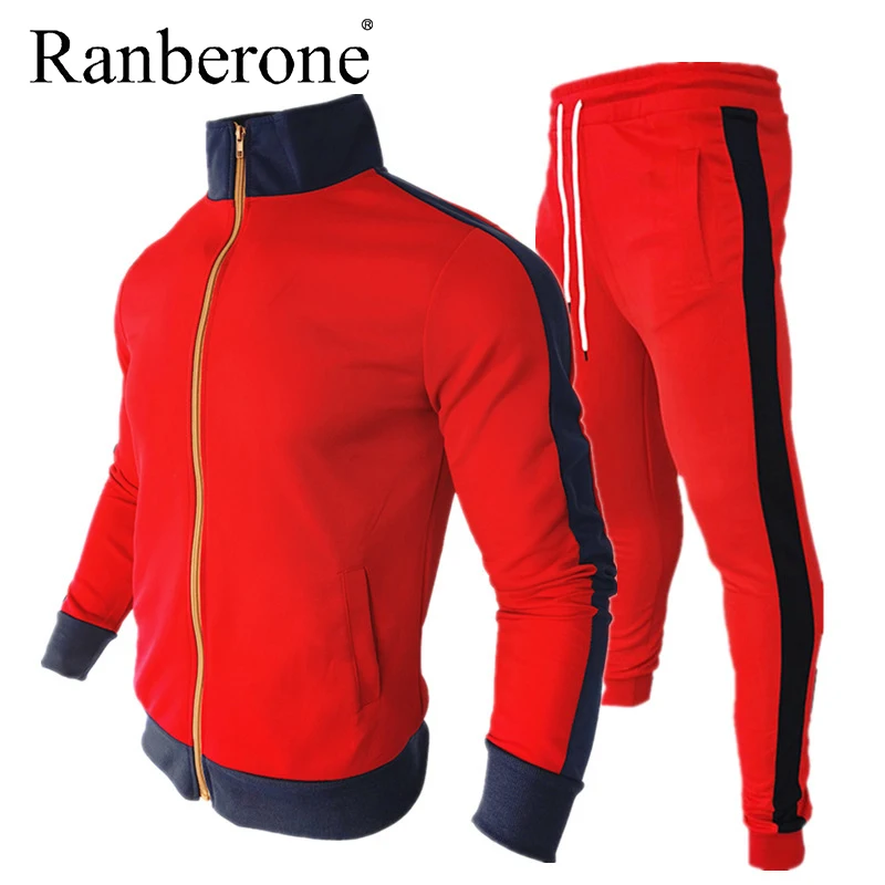 Ranberone 2 Piece Tracksuit Men Stand Up Collar Sweater Matching Jackets + Stripe Slim Casual Legging Sports Men's Sportswear