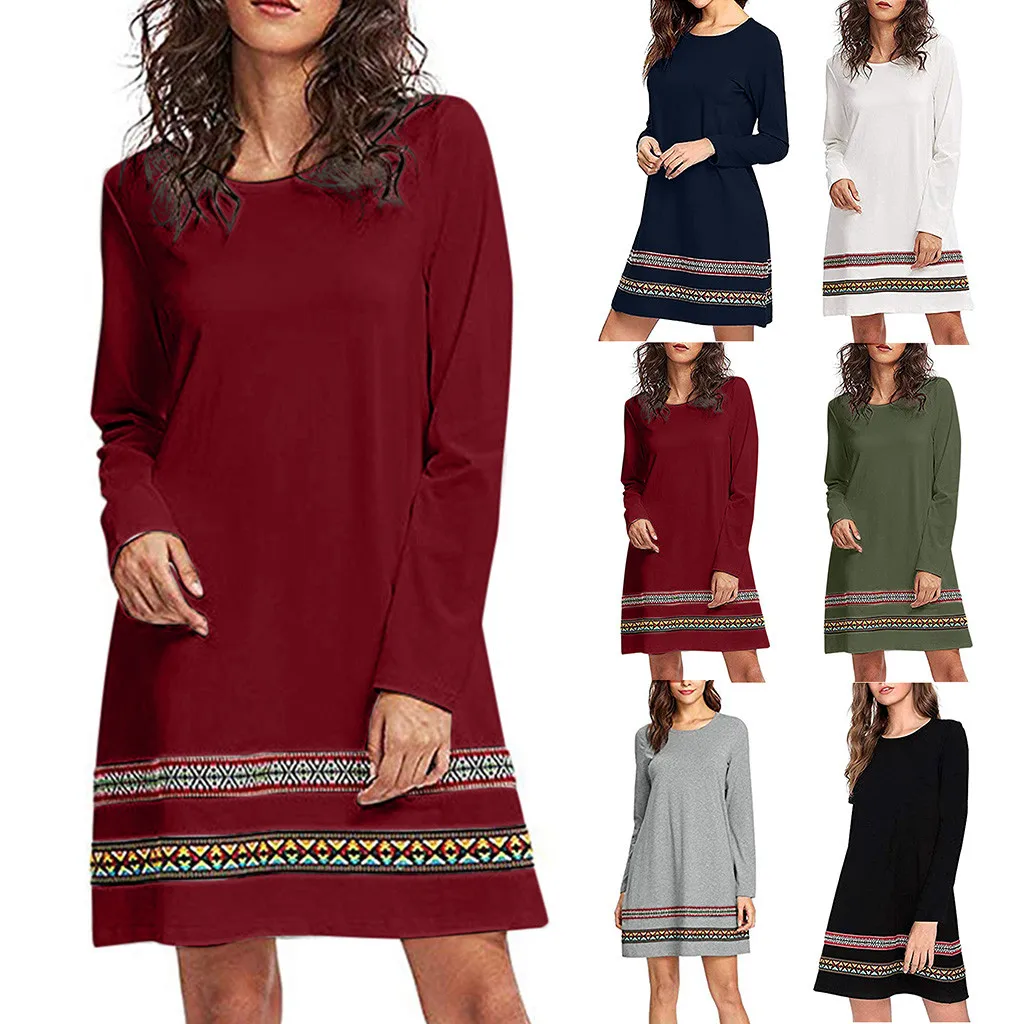 Осенне зимнее женское платье с круглым вырезом и длинными рукавами Однотонное