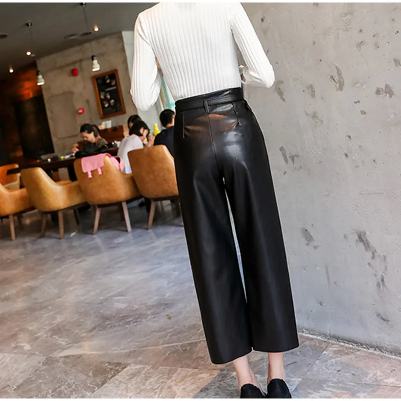 Autumn Faux PU Leather Pants Women With Belt High Waisted Wide Leg Anke-length Women's Trousers Winter NEW Fashion Clothes