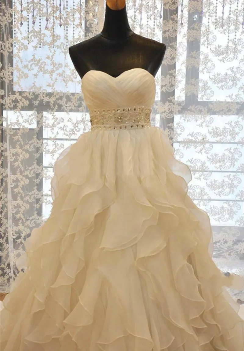 

New Organza Ruffled Wedding Dress Sweetheart Beading Belt Court Train Bridal Gown Customed Made Robe De Mariee