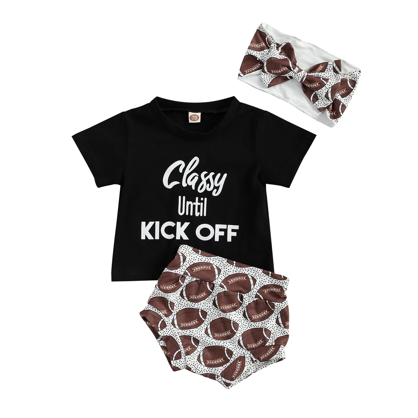 

Girl’s 3Pcs Summer Clothes Set Short Sleeve Letter Printed T-shirt with High Waist Triangle Shorts and Headband