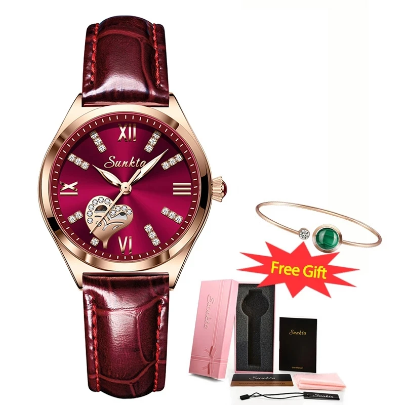

SUNKTA Women Watches Luxury Top Brand Leather Waterproof Sports Watch Ladies Rose Gold Diamond Gift Quartz Watch For Women+Box