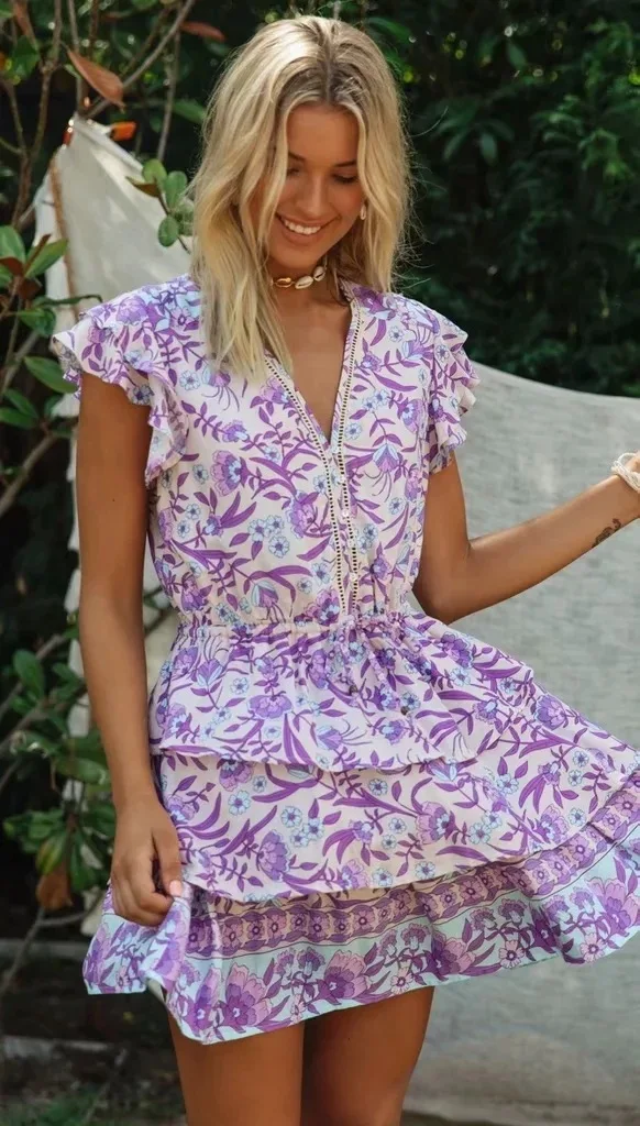 AYUALIN Мини платье для женщин vestidos пляжная одежда с цветочным принтом v образным