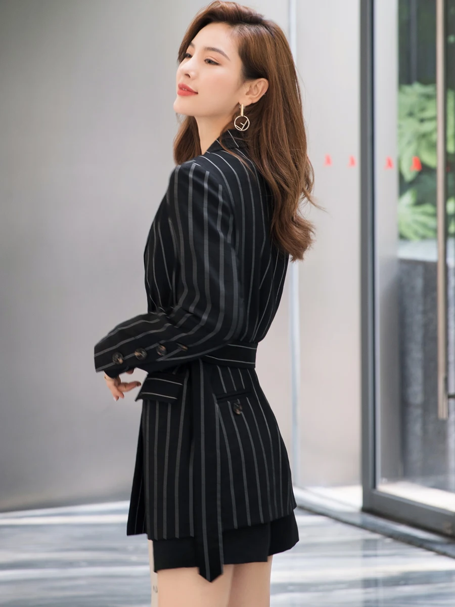 Striped medium length suit women 2021 spring and autumn new belt exquisite suit top double breasted coat 21251
