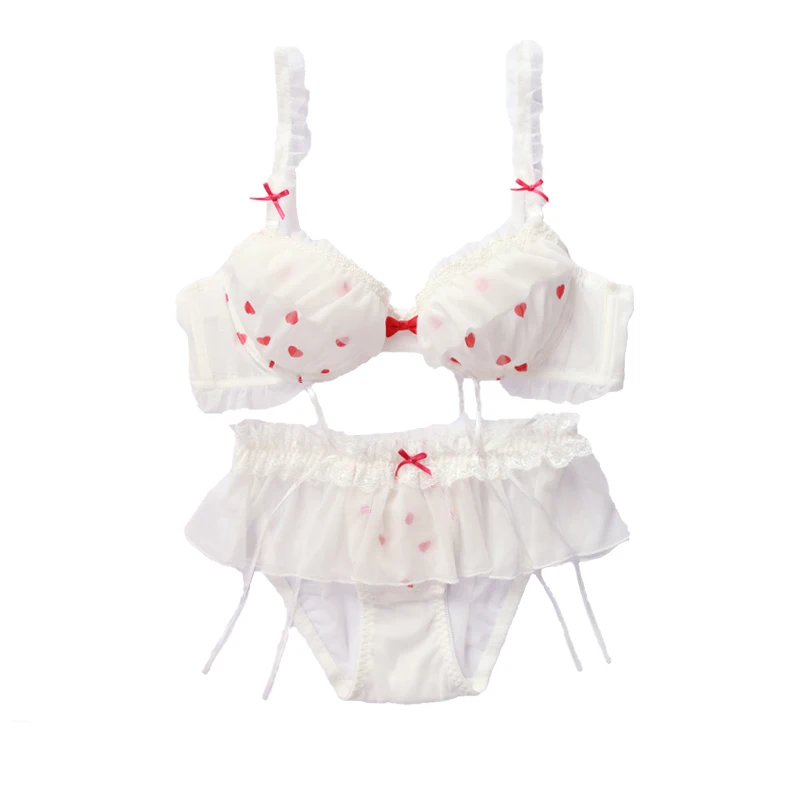 Japanese Sweet Women's Sexy Lingerie Plus Size Bra And Panty Set Cute Underwear Kawaii White Push Up Sleep Tops Strappy Bralette