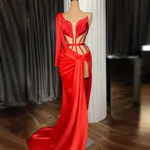 Robe de bal Sexy en Satin rouge, asymétrique épaule dénudée, fente latérale longue, robe de soirée de standing  (2)