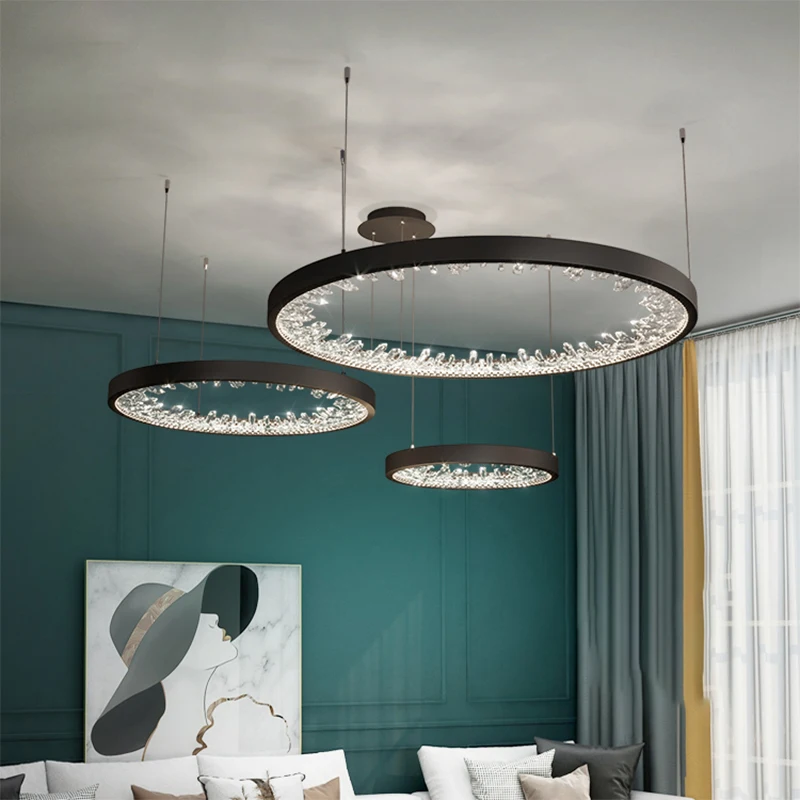 

Crystal Circle Rings Chandelier For Bedroom Living Room Luxury Gold Kitchen LED Chandeliers Black Light Dining Room Hanging Lamp