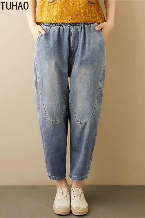 

TUHAO 2020 Summer Woman Denim Pants Plus Size Female Literary Retro Wash Large Size Loose and Thin Vintage Pant Jeans WM28
