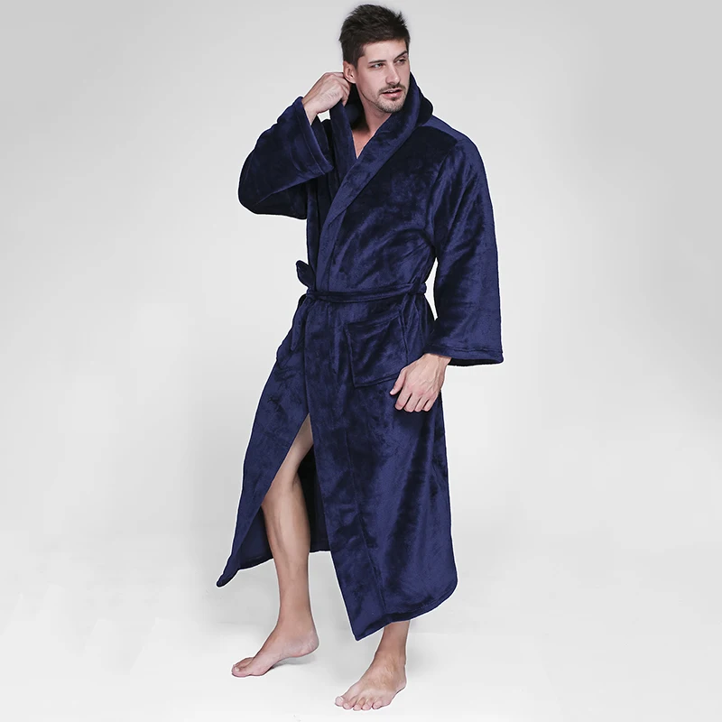 

Men Casual Kimono Bathrobe Autumn Winter Flannel Long Robe Thick Warm Sleepwear Plus Size 3XL Nightgown Male Casual Home Wear