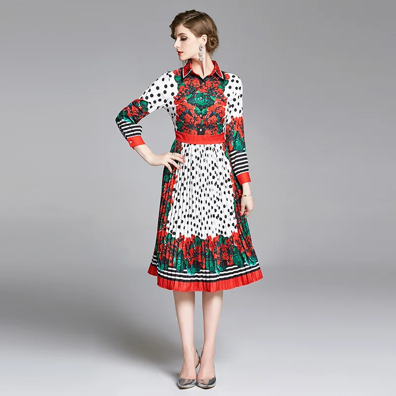 

2020 Autumn Spring Women Sweet Flower Dot Print Shirt Dress Long Sleeve Turn-Down Collar Pleated Lady Elegant Slim-Waist Dress
