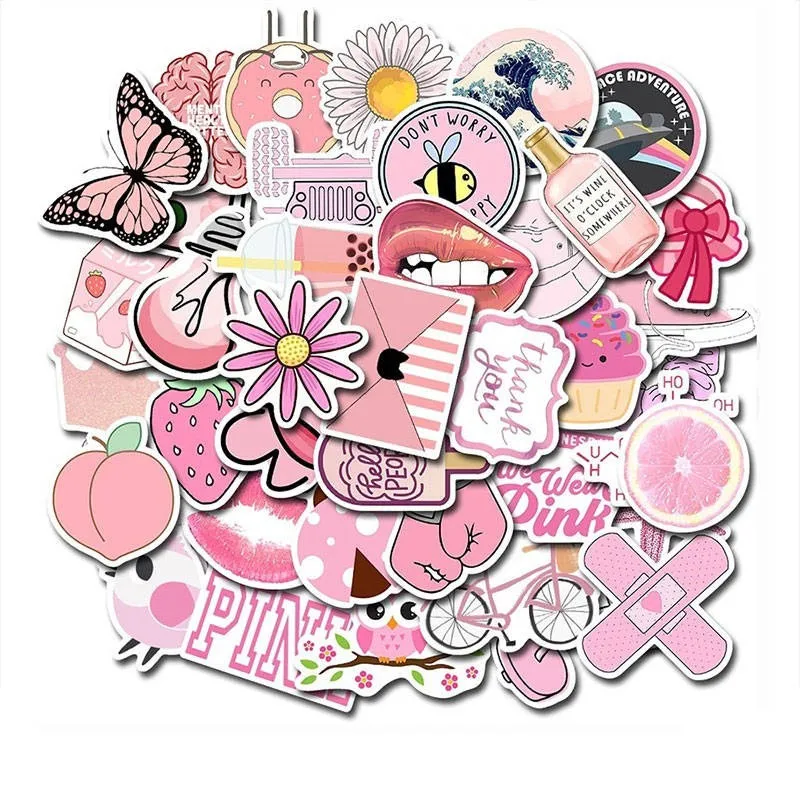 

50pcs Cartoon Waterproof PVC Children DIY Stickers Mixed Cartoon Toy Stickers for Car Styling Bike Motorcycle Kids Pink Color