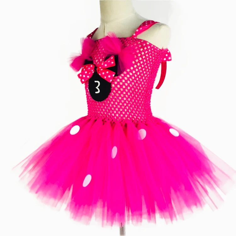 Lovely Baby Pink Mickey Cartoon Tutu Dress Girls Crochet with White Dots and Hairbow Children Birthday Party Costume | Детская одежда и