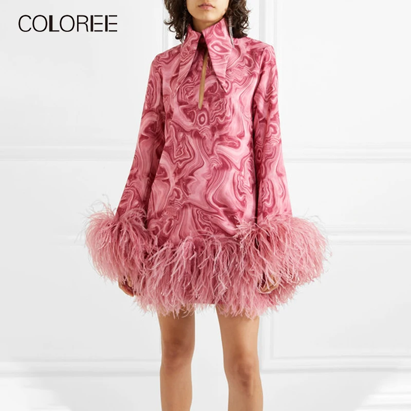 COLOREE Runway Designer Women Mini Dress Elegant Red/Green Ostrich feather Patchwork Dress Vintage Long Sleeve Autumn Dress