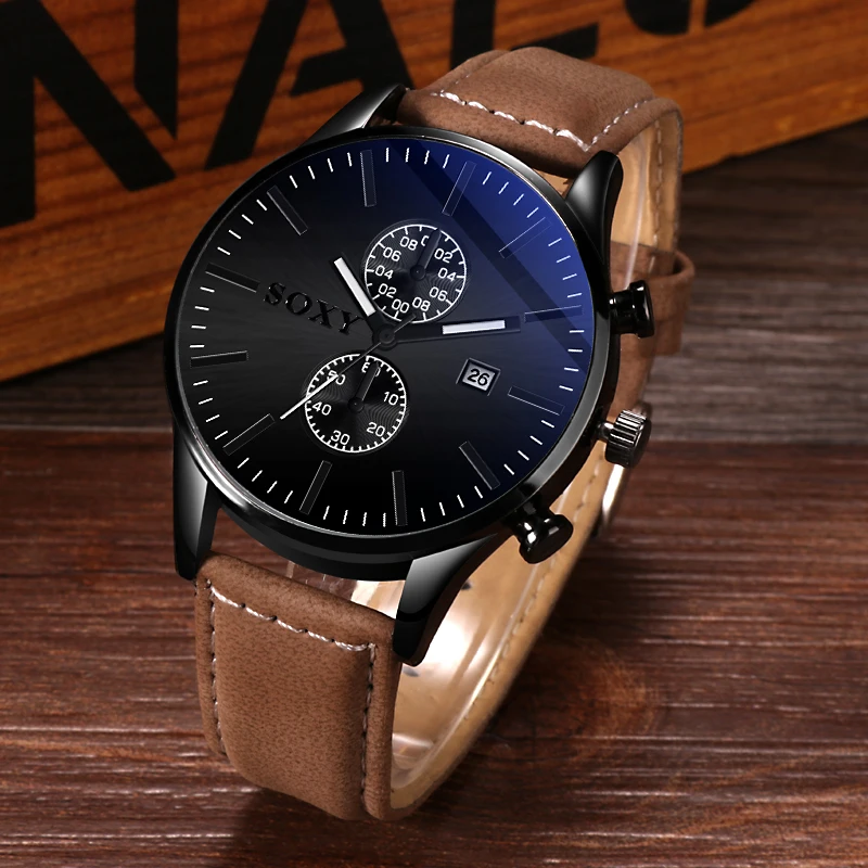 Мужские часы с кожаным календарем спортивные деловые модные мужские ремешком |