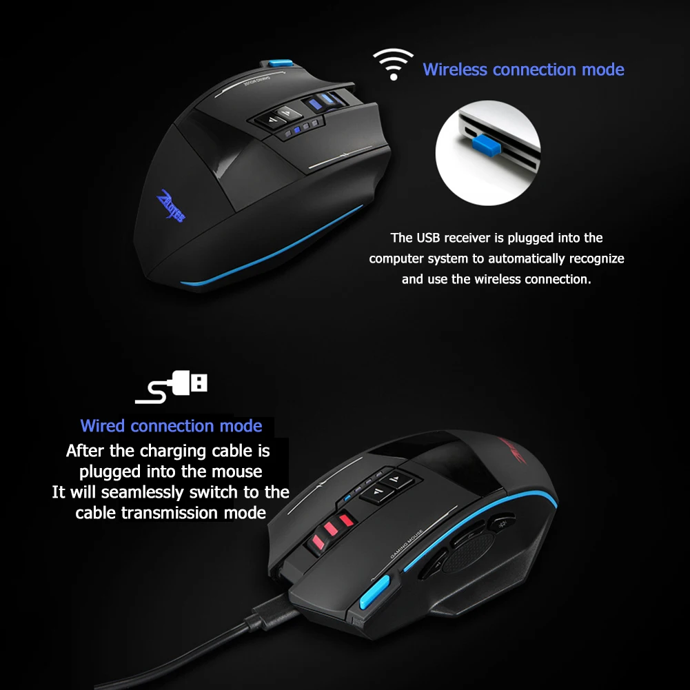 

4800DPI 2.4GHz 9 Keys Wireless Wired Gaming Mouse Backlight 5 Gears Adjustable Programmable Optical Dual Mode Mice