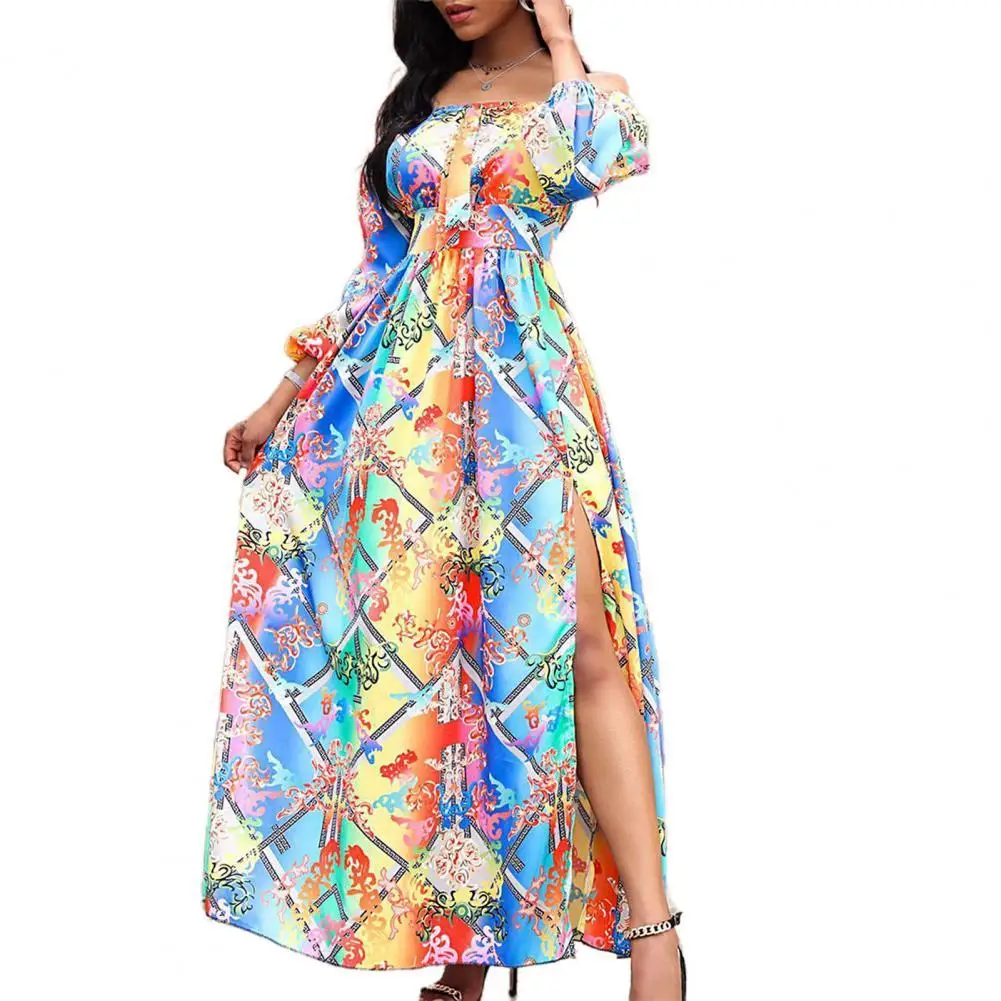 

New Style Fashion Sexy Women Dress Printed High Slit Hem Off Shoulder Long Sleeve Maxi Dress for Party