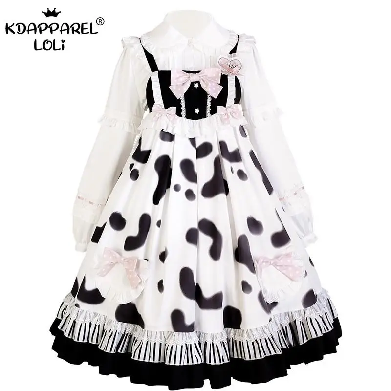 

Sweet Women Lolita Jsk Dress Straps Sling Cute Girls Bows Ruffles High Waist Cow Print Cosplay Party Shirt/Jacket Spring Summer