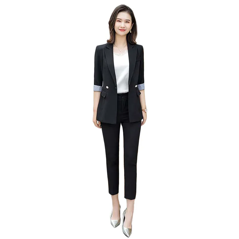 

Black blazer women 2020 spring summer new Korean office fashion casual 7 point sleeve pocket white temperament slim coats LD1270