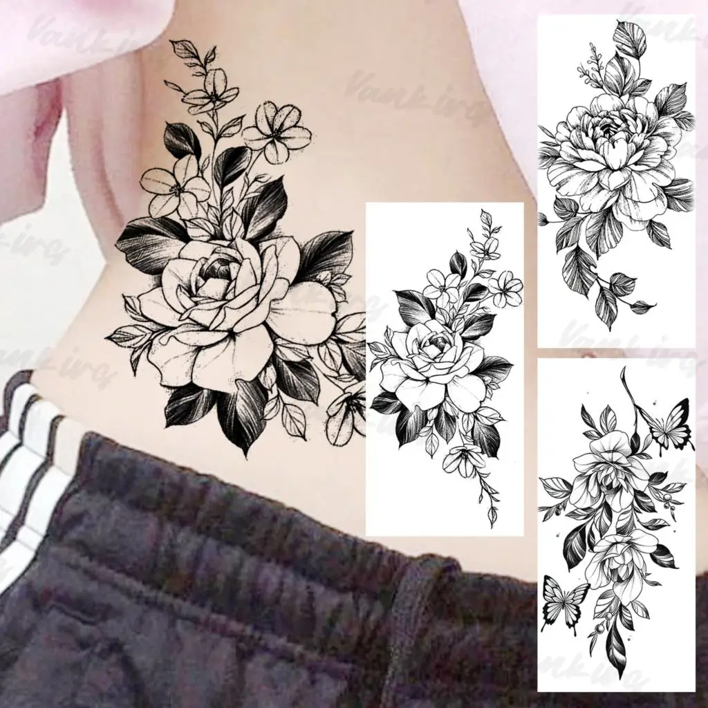 

Black Peony Temporary Tattoos For Women Girls Realistic Flora Flower Waterproof Fake Tattoo Sticker Sexy Waist Leg Tatoos DIY