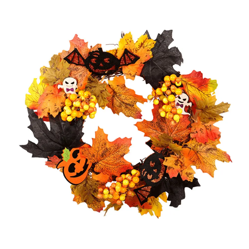 

1PC Maple Leaf Wreath Christmas Pumpkin Wreath Rattan Wreath Artificial Front Door Decoration For Thanksgiving Halloween