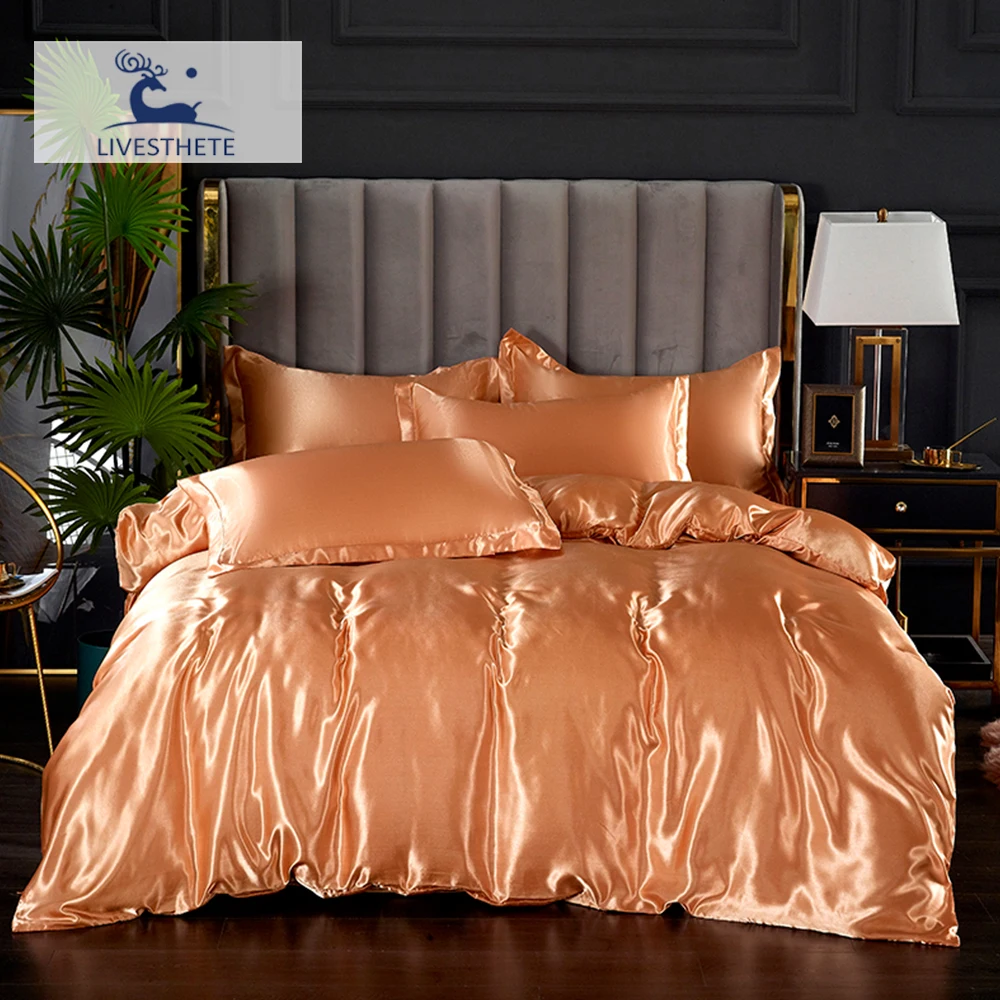 

Liv_Esthete Satin Silky Shiny Quilt Cover Yellow Bedding Set King Queen Bedspread Bedclothes Luxury Bed Sheet Bed Linen Set