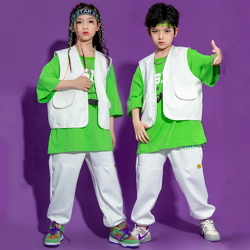 

Kids Jazz Dance Costume Hip Hop Street Clothes White Vest Pants Green T-Shirt For Boys Girls Ballroom Dancing Stage Wear BL6354
