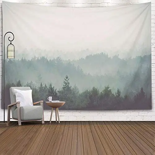 

Forest Wall Hanging Tapestries Misty Foggy Mountain Landscape with Fir Vintage Retro Style Tapestry for Bedroom Room