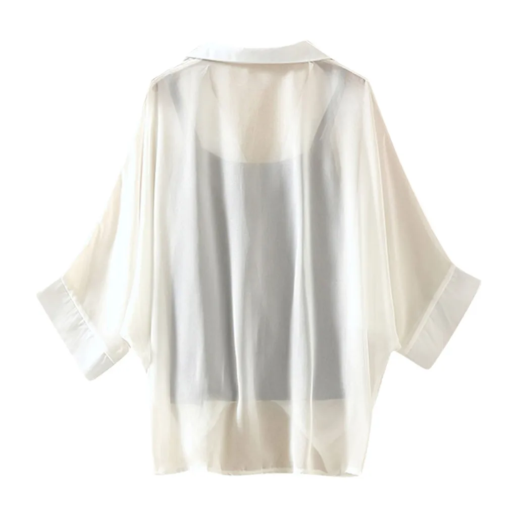 

Fashion Women Chiffon Blouses Turn-down Collar Solid Short Batwing Sleeve Shirt Tops Blusas Summer Cloth Bat Sleeve Shirt 2020