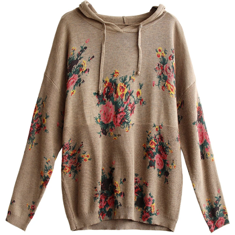 

2021 Autumn Ladies Loose Streetwear Womens Casual Floral Sweaters Female Printed Hooded Knitted Pullovers Splicing Vintage Tops