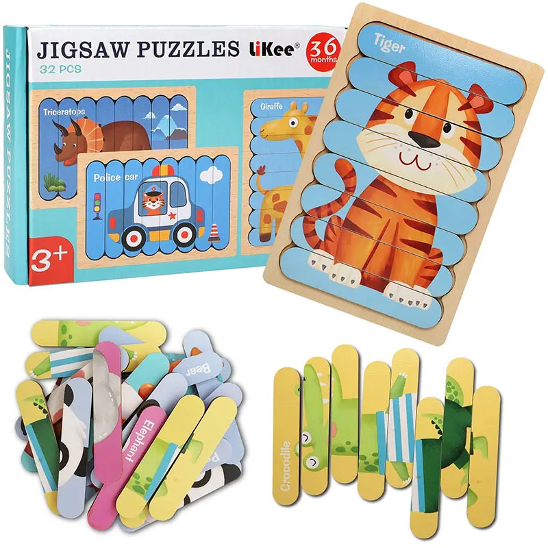 

Animals 3D Puzzle Montessori Wooden Jigsaw Puzzles For Kids Double-sided Story Puzzle Educational Toys For Children 2-5 Years