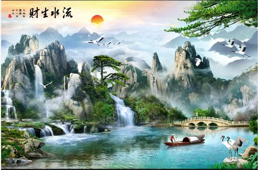 

3d photo wallpaper for walls in rolls custom mural Chinese style mountain waterfall natural scenery home decor Living room