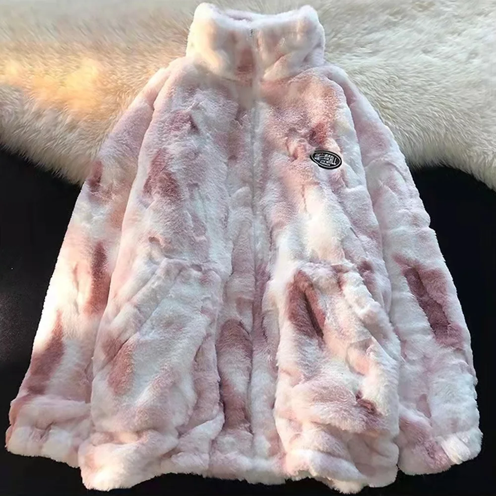 Winter Warm Cotton-padded Jacket New Men and Women Streetwear Trendy Brand Tie-dye Loose Couple Wear Lamb Velvet Jacket Women