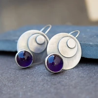 retro women purple stone earrings bohemian nation round metal amethyst drop earrings female party jewelry