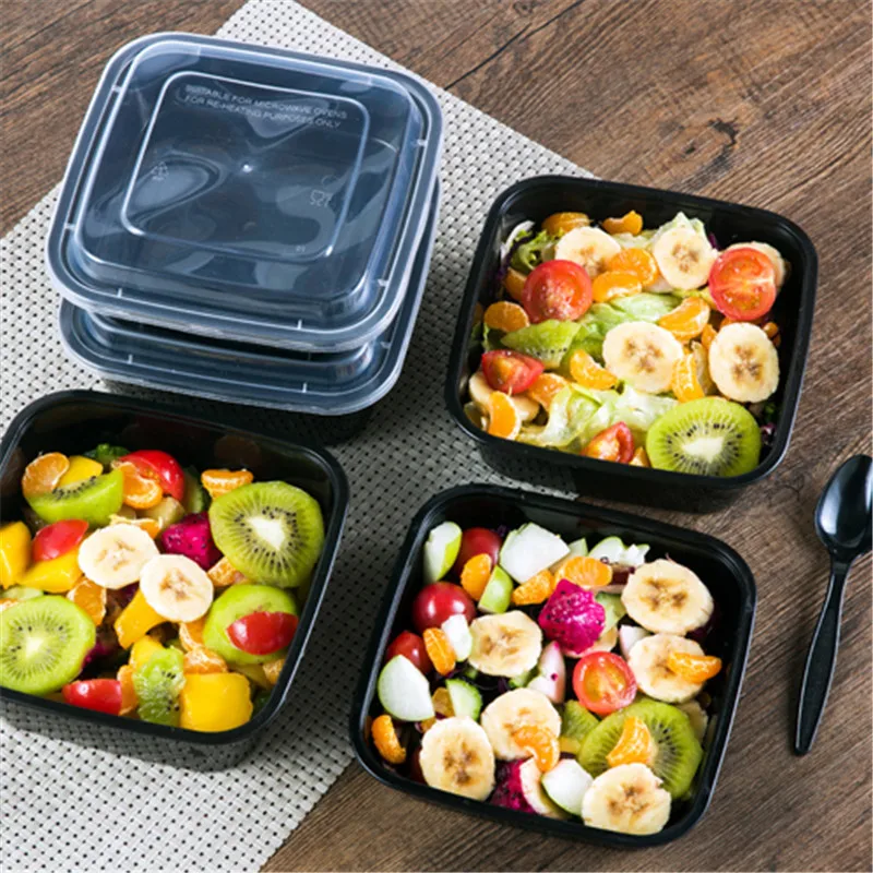 

25pcs American style black transparent plastic lunch box disposable square lunch box takeaway packaging food salad fruit box