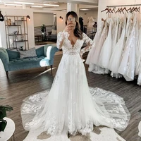 elegant a line wedding dresses 2021 v neck long sleeves lace up back lace appliques bridal gowns plus size robe de mariee