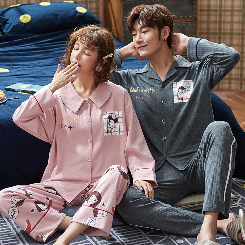 

Spring And Autumn Print Couple Pajamas Set 100% Cotton Cartoon Women Pyjamas Plus Long Sleeve Sleepwear Men Lounge Pijama