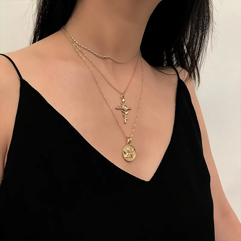 Классическое винтажное ожерелье очаровательное женское многослойное Золотое