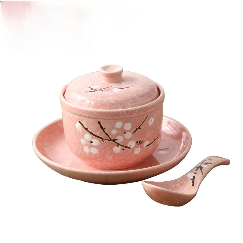 

Japanese Ceramic Stew Pot Home Steamed Egg Bowl Soup Cup Hotel Stew Bird's Nest Stew Bone Dish Set with Lid Tableware