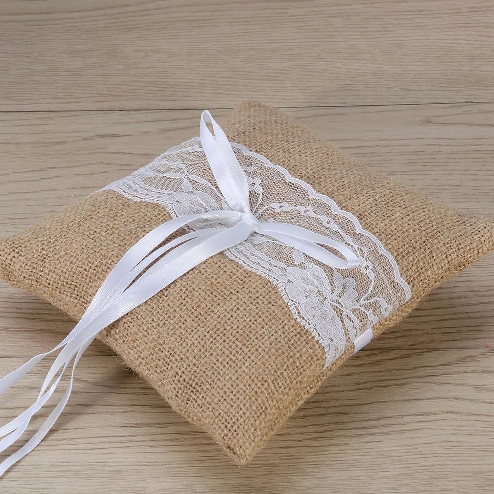 

Set of 6*6'' Generic Burlap Jute & Lace Flower Basket Ring Bearer Pillow Cushion Rustic Country Wedding