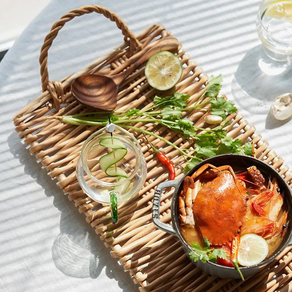 

Hand-Woven Rectangular Rattan Bread Basket Food Service Tray Fruit Tea Snack Bread Picnic Cosmetic Storage Box Kitchen Supplies