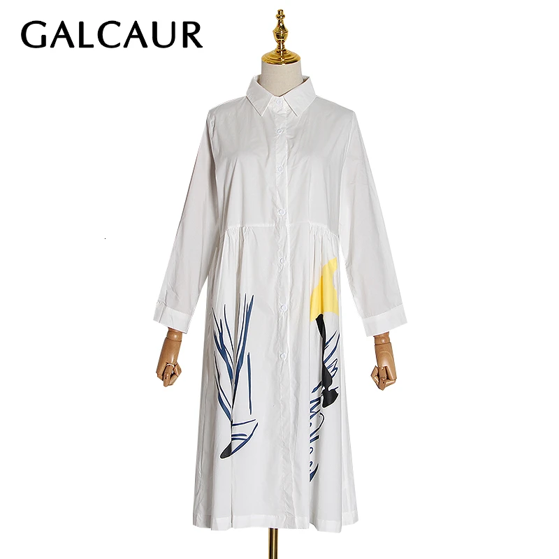 GALCAUR принт хит цветное женское платье воротник с лацканами длинный рукав большие