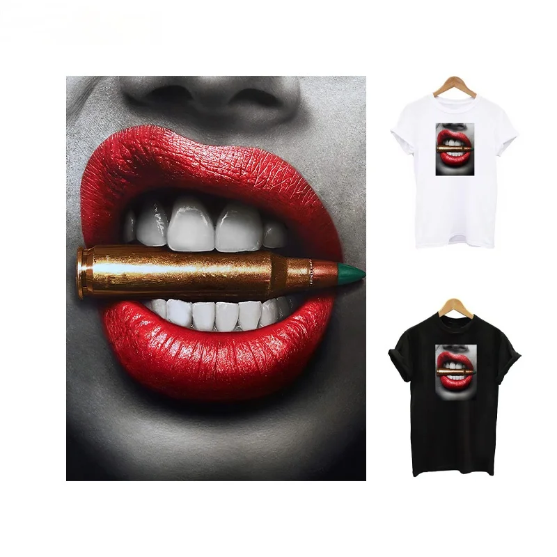 

Thermal Stickers Lips Patch For T-Shirt Hoodies Cool Girls Iron-On Transfers For Clothing Bullet Appliqued DIY Washable Stickers