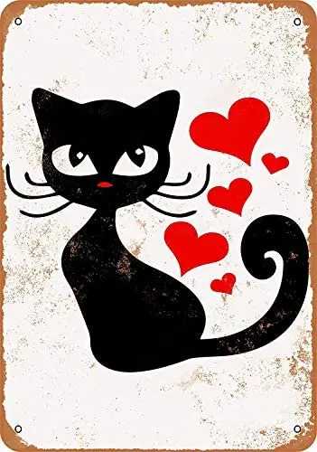 

Metal Sign - Vintage Look Black Cat Love Hearts - 8 x 12 Inches Tin Sign