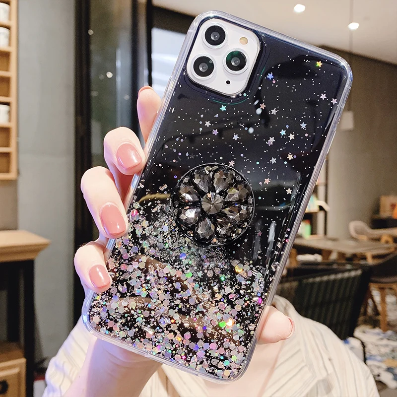 DIY Блестки CZ Алмазные цветы держатель Стенд Чехлы для iPhone 11 Pro Max XR 7 8 Plus XSMAX XS Мягкий