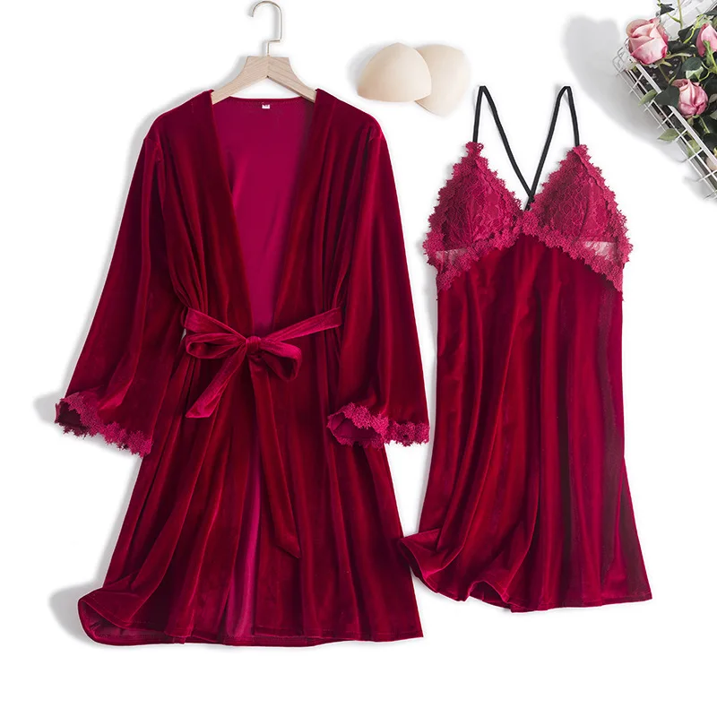 

2 шт., Женский Бархатный комплект для сна, с кружевной отделкой