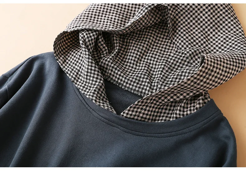 

Loose Hoodies Sweatshirt Autumn New Vintage Plaid Hooded Pullover Leisure Women Hoodies Patchwork Streetwear Long Sleeve