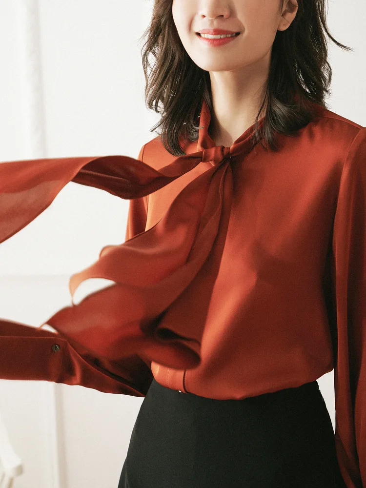 

New silk Ribbon heavy silk lace up bow shirt long sleeve mulberry silk shirt for women in spring red white